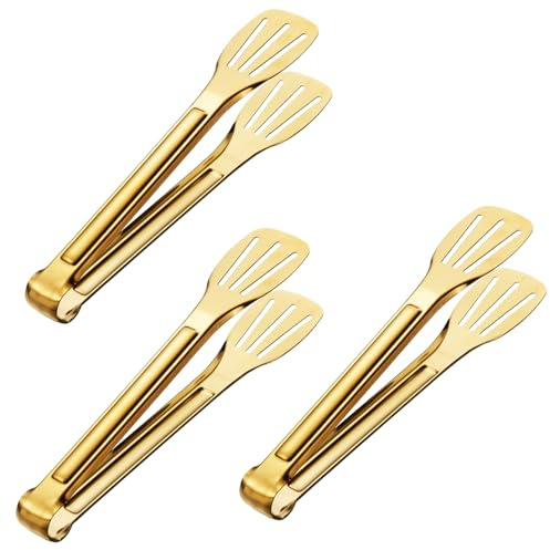 MIGIFTDY 3Pcs Kitchen Tongs, 7'' Stainless Steel Food Serving Tongs, Non-Slip BBQ Tongs for Cooking, Cake, Salad, Meat, BBQ, Frying, Serving (Gold)