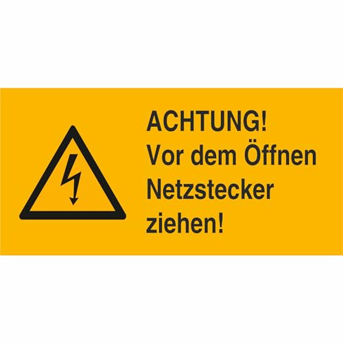 Indigos UG - Schild Vor dem Öffnen Netzstecker ziehen Warnschild - 13,1x6,5 cm - Warnung - Sicherheit - Hotel, Firma, Haus - Aluverbundplatte 3mm - Hinweisschild - Warnschild