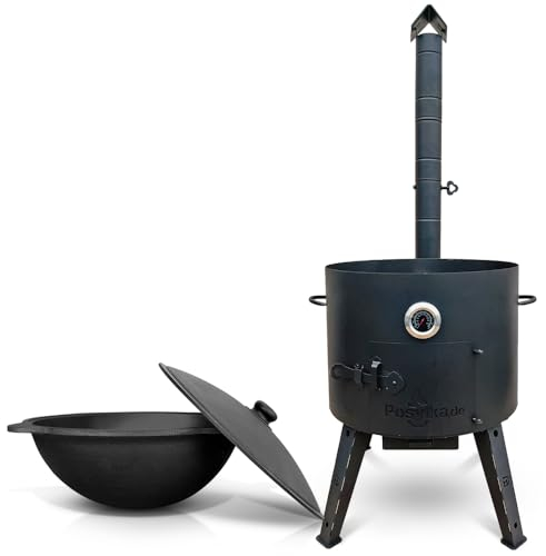 Utschak Feuerofen Ø 52,7 cm mit Thermometer Gusseisen Topf runder Boden mit Deckel (22 L) Ø 49 cm KazanoFF, Учаг, Kazan Outdoor, Feuerschale, Camping, Kazan, Gulaschkanone Dutch Oven (Set 1)