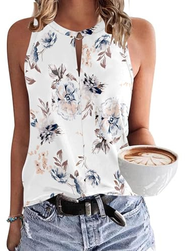 WNEEDU Damen Tank Top Sommer Ärmellose Oberteile Tops V-Ausschnitt Sexy Tanktops Lässiges Strand Shirts Blusentop Blumen Weiß XL