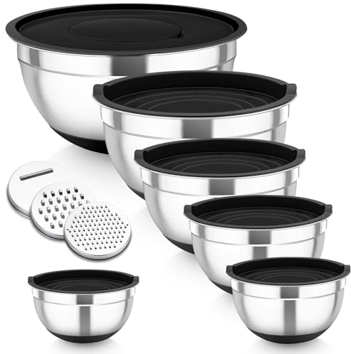 Homikit Mixing Bowls Set of 6, Stainless Steel Salad Bowls with Airtight Lids & 3 Grates, Metal Nesting Bowls for Mixing/Baking/Storing, Silicone Base - 0.7/1.2/1.6/2.5/2.8/4.6L (Black)