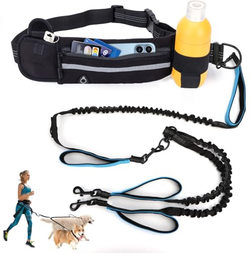 Nobleza Joggingleine für 2 Hunde mit Bauchgurt， Freihändig Laufleine für Hunde， Reflektierend Elastisch Laufleine zum Joggen Laufen Wandern