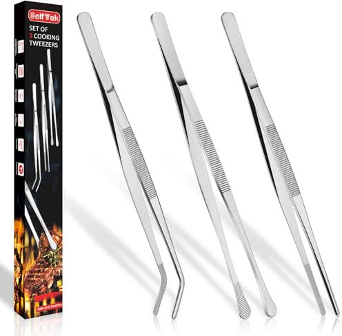 SelfTek Kochpinzette, 3er SET Kochpinzette aus Edelstahl, 30cm lang, Küchenpinzette + abgerundete Zangenenden + Spitze Zangenenden, Grillpinzette zum Grillen, Beschichten und Servieren