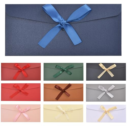 oupados 10 Stücke Farbige Kuverts Geschenkkarten Briefumschläge Umschläge | Mit Bändern für Party-Geschenkkarten Thanksgiving Weihnachten Geburtstags-Hochzeitseinladungen Einladungsgrußkarten 22×11cm