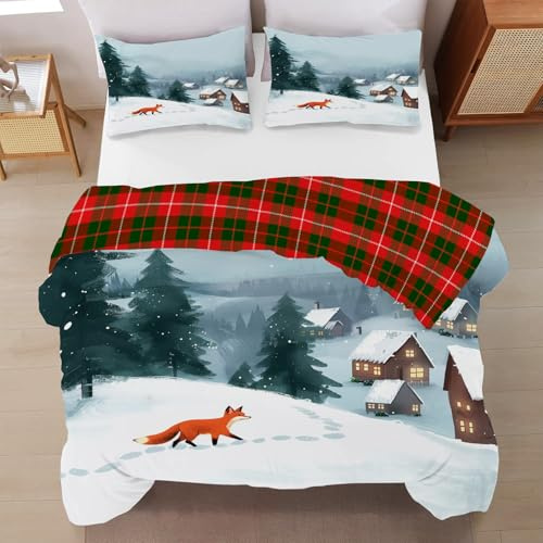 NAWVNMI WeihnachtsdorfBettwäsche 200x200 3teilig Bettbezug - Bettwäsche-Sets 140 x 200 cm 2er Set mit 3 Kissenbezüge 80x80cm, Bettwäsche Set Schneefuchs mit Reißverschluss