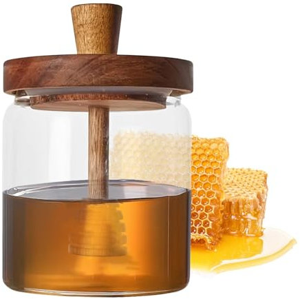 Honigglas – Honigbehälter mit Holzdeckel | 500 ml Glas Honigglas Behälter Honig Dipper Deckel | Glas Honigglas und Dipper Set | Bienenstock Honigtopf zur Aufbewahrung von Honig und Sirup