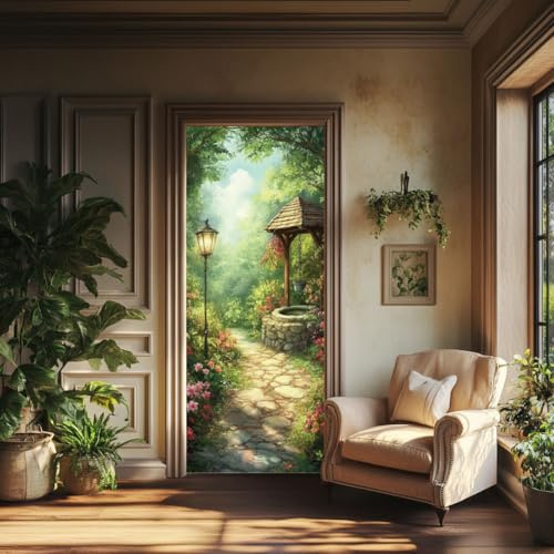 arricraft 2 Stück Selbstklebender Türaufkleber 80cm X 200cm/31.5X78.7 Garten Straßenlaterne Pflanze Tür Wandbilder Aufkleber PVC Tür Abnehmbare Tapete Dekoration Für Schlafzimmer Wohnzimmer