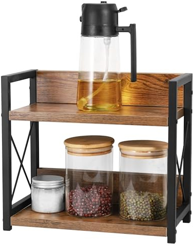 Kssvzz Spice Rack, 2 Tier Kitchen Counter Shelf Organiser, Wooden Desk Storage Rack, Coffee Station Organizer