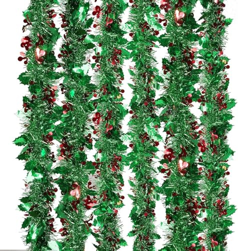 Guirnalda de oropel de Navidad metálica verde con bayas de acebo, oropel para decoración de árbol de Navidad, oropel con bayas rojas, hojas de acebo para árbol de Navidad, fiesta de vacaciones (8