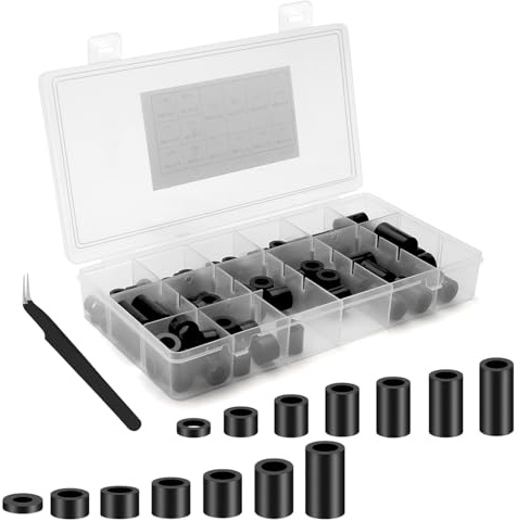 HENGBIRD 90 Stück Abstandshalter Kunststoff Abstandhalter Wand Nicht Gewinde Spalte Set, mit Pinzette Distanzscheiben Schrauben mit Aufbewahrungsbox Distanzhülsen M6 M8 aus ABS Rund Schwarz