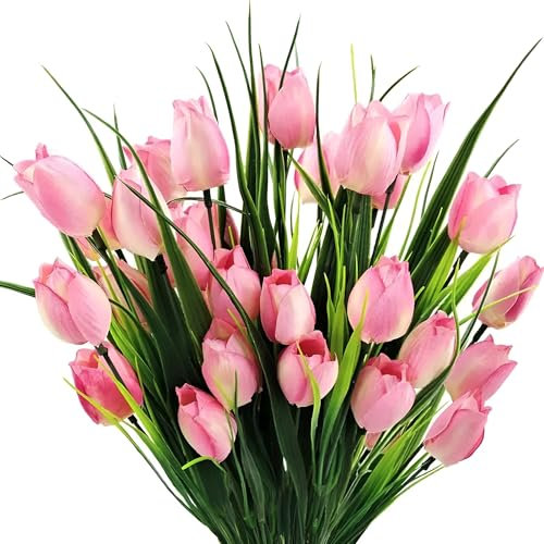 HNVNER 6 Bunches Artificial Flowers Tulips, Pink Faux Silk Flowers for Decoration, Fake Tulip Flowers 30pcs Flower Head for Wedding Arrangements Home Garden Party Hotel