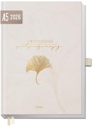 Häfft® Organizer Day by Day Buchkalender 2026 A5 Beige Ginkgo | 1 Tag 1 Seite, Tagesplaner Kalender, Tageskalender, Terminkalender, Terminplaner 2026