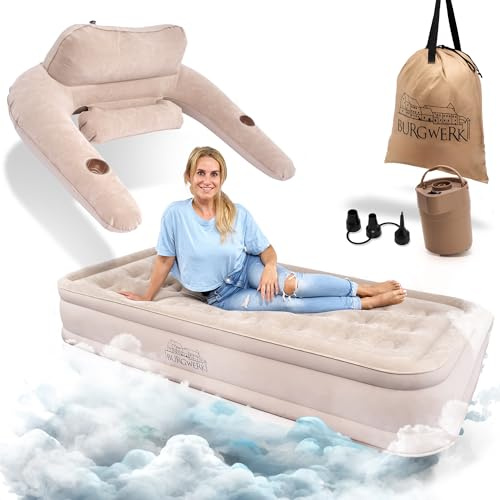 Burgwerk Premium Luftbett selbstaufblasend 1 Person | Vielseitiges 3in1 Gästebett & Luftbett mit Rückenlehne | 200x100cm Single Size | aufblasbare Matratze mit Pumpe | Luftmatratze selbstaufblasend