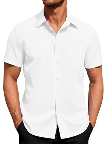 J.VER Mens Short Sleeve Shirts 4-Way Stretch Dress Shirt Non Iron Business Casual Regular Fit Summer Button Down Shirts White L