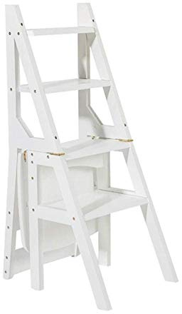 Scaletta e Sgabello Legno, Sgabello Pieghevole, Doppio Uso, Scala in bambù, Sedia Multifunzione, Scala a 4 Strati, Bianco