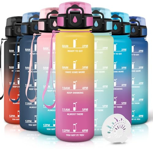 Motswedi Borraccia 1 litro,Riutilizzabile, Borraccia Motivazionale, a Prova di Perdite, Bottiglia Acqua, Senza BPA, Borracce, per Sport, Ciclismo, Palestra, Ufficio, Running, Giallo Rosa