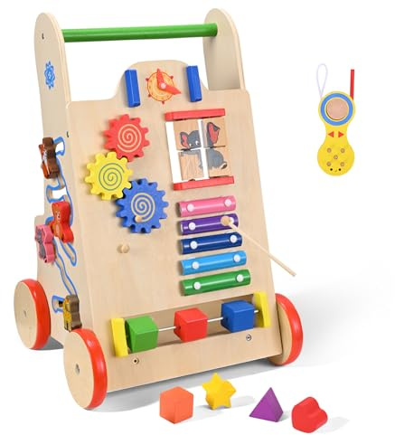 BugyKido Lauflernwagen Holz 8-in-1 Lauflernwagen Baby mit Rädern & Bauklötzen, Montessori Multifunktion Lauflernhilfe Spielzeug Geschenk für Kleinekinder Kinder 10 Mon. - 1-2 Jhr.