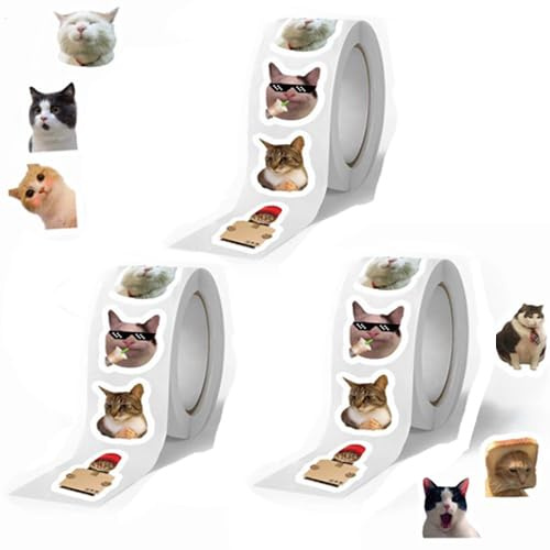 1500 Pieces Funny Cat Meme Stickers, Cute Waterproof Cat Meme Sticker Roll, Car Decals for Laptop Bottle Bracelet Teens Adults Youth School Family Christmas Halloween