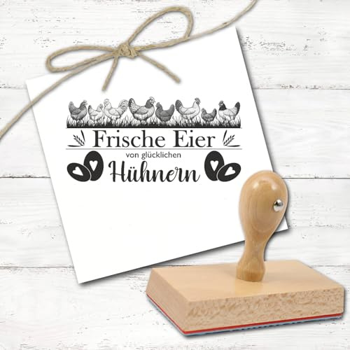 Dekolando Eierkarton Stempel „Frische Eier von glücklichen Hühnern“ – Holzstempel für Eierverpackung Eierverkauf Motivstempel – Abdruck 100 x 50 mm