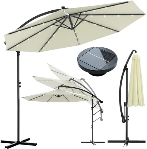 Huracan Parasol LED solar de 300 cm de diámetro, sombrilla de manivela, sombrilla de jardín, sombrilla plegable, protección contra el viento inclinable, sombrilla grande para balcón, terraza, jardín