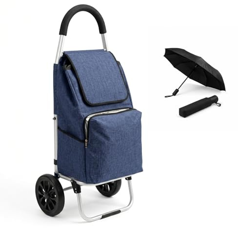 G.mütlich Einkaufstrolley klappbar mit Kühlfach, Einkaufshilfe Aluminium leicht, Einkaufswagen Shopper Trolley rückenschonend, inkl. Regenschirm (Navy Blau)