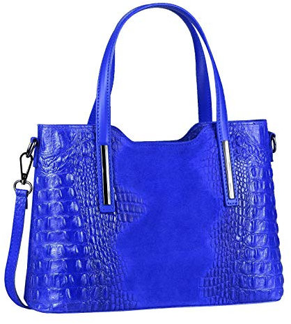 OBC Made IN Italy Damen Echt Leder Tasche Kroko-Prägung Business Shopper Schultertasche Handtasche Ledertasche Umhängetasche Wildleder Königsblau