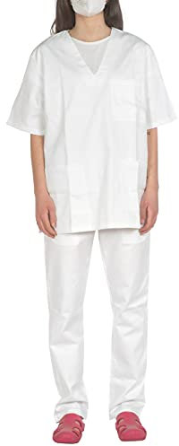 C.B.F. - Produzione professionale abbigliamento da lavoro Divisa Sanitaria Ospedaliera Uomo Donna in 100% Cotone Sanforizzato - Casacca e Pantalone - Infermiere Oss Estetista (Bianco, M, m)