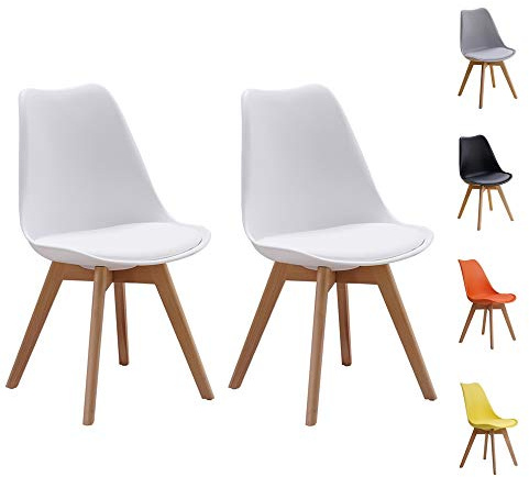 Homcasa Set of 2 Modern Design Dining Chairs, with Cushioned PU Seat and Solid Wood Legs Retro Lorenzo Lounge Chair (White)