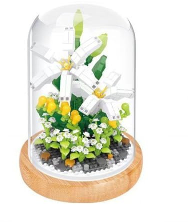 WiseHawk Kit di Blocchi in Miniatura per assemblare Fiori. con Supporto in Legno e Copertura a Cupola. Stella Bianca/Stella di Primavera