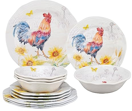 UP ware Sunshine Rooster - Juego de vajilla de melamina de 12 piezas, juego de platos y cuencos para exteriores, servicio para 4, multicolor