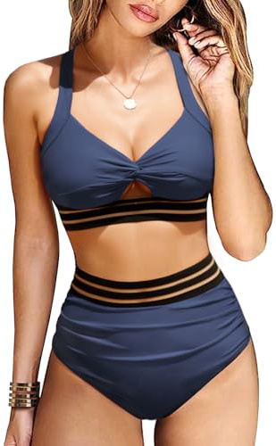 UMIPUBO Costume da Bagno Donna A Vita Alta Due Pezzi Bikini Set Sportivo Scollo a V Bikini Top Sexy Push up Imbottito Reggiseno Costumi da Mare Beachwear Swimwear Abiti da Spiaggia (Grigio Blu, S)