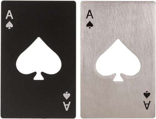 2 Stück Flaschenöffner Poker-Ass, Edelstahl Bieröffner in Schwarz und Silber, Pik-Ass Design für Party, Bar, Männerabende & Junggesellenabschiede, Spielkarte als Geschenkidee