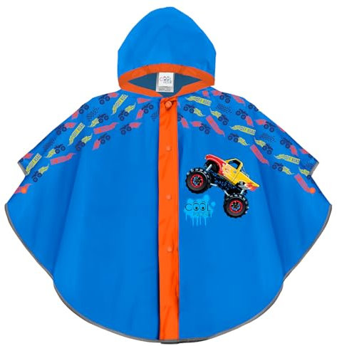 PERLETTI Regen Poncho Hellblau Reflektierend für Kinder - Monster Truck Regenmantel Kleinkind Kindergarten 3 4 5 6 Jahre - Regenponcho Regencape Blau Kleine Jungen Mädchen (3-6 Jahre, Monster Truck)