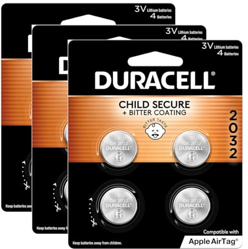 DURACELL 2032 Lithium Battery. 4 Count 3 Pack. Child Safety Features. Compatible with Apple AirTag, Key Fob, and Other Devices. CR2032 Lithium 3V Cell. Bonus! Sack to Keep Extra Batteries