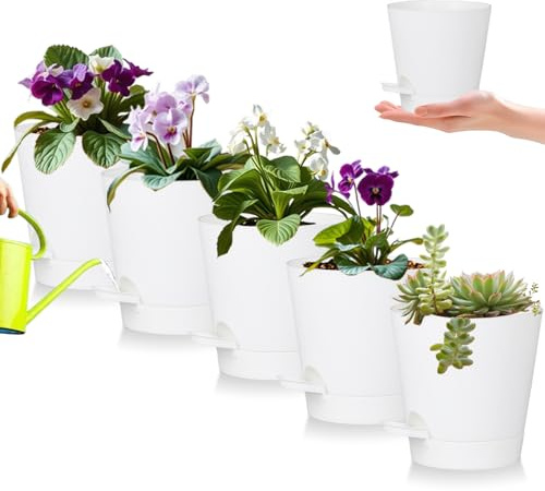 zople 5 Pack 5 Inch African Violet Pots Self Watering, Self-Watering Planters with Drainage Holes & Reservoir, White Plastic Pots for Indoor Outdoor Plants, Succulents & Flowers