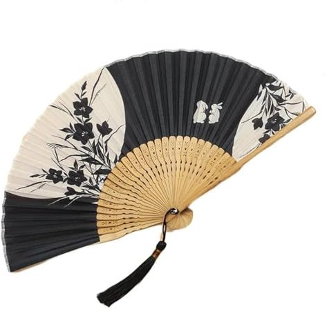 NTIYOU Folding Fan Handheld Floral Folding Fans Hand Held Fans Silk Fans with Tassel Charming Elegant Modern Woman Folding Fan Black Hand fans