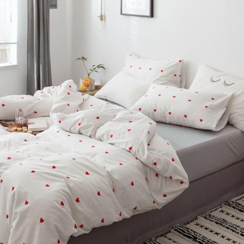 Tospass Weiß Bettwäsche 200x200 cm Mädchen - Rot Herz Beidseitige Set Microfaser, Graue Dünne Vertikale Streifen Bettwäsche Set Bettbezug mit Reißverschluss und 2 Kissenbezug 80x80 cm