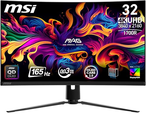 MSI MAG 321CUPDE QD-OLED 32 Zoll UHD Curved Gaming Monitor - 1700R, 3840 x 2160 Quantum Dot OLED Panel, 165Hz / 0,03ms, 99% DCI-P3, Delta E≤2, DisplayHDR True Black 400, DP 1. 4a, HDMI 2.1, USB Type-C