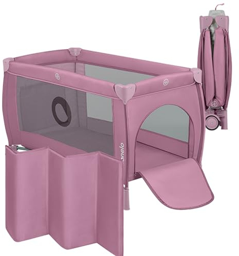 LIONELO Stefi Plus 2-i-1 Resesäng & Spjälsäng för Baby (0–36 mån/upp till 15 kg), Två Madrassnivåer, Mjuk Madrass, Transportväska, Bambu Swaddle, Sidoingång, Ventilerande Nätväggar, Hjul, Rosa