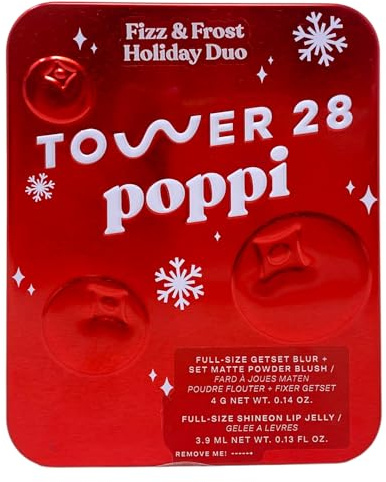 Tower 28 x Poppi Fizz + Frost Holiday Makeup Duo - Limited Edition Powder Blush in Cranberry Fizz & ShineOn Lip Jelly in Cranberry Frost