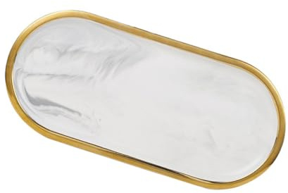 Uonlytech Plateau à Bijoux Ovale Petit Format en Céramique Effet Marbre Blanc Bordure Dorée Plateau de Service Multifonction pour Cosmétiques et Rangement Accessoire Décoratif Nordique