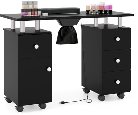 COSTWAY Tavolo Manicure con Aspirapolvere, Tavolo Unghie con Cassetti, Spina, 3 Sacchetti, Armadietto, Cuscino Poggia Polso e 8 Ruote blocabili, Banco Ricostruzione Unghie in Legno (Nero)