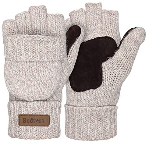 Bodvera Thermal Insulation Fingerless Texting Wool Gloves for Women and Men Winter Warm Knitted Convertible Mittens Flap