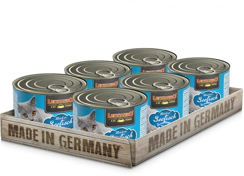 Leonardo Cibo umido [6x200g Ricco di pesce di mare] | Cibo umido senza cereali per gatti | Alimento completo umido in lattina