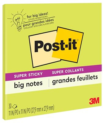 Post-it Super Sticky Big Notes, 11 in. x 11 in., Extra Large Sticky Notes Neon Green, 1 Pad, 30 Sheets, Great for Vision Boards, Creative Projects, Study Spaces, Group Brainstorming, and More