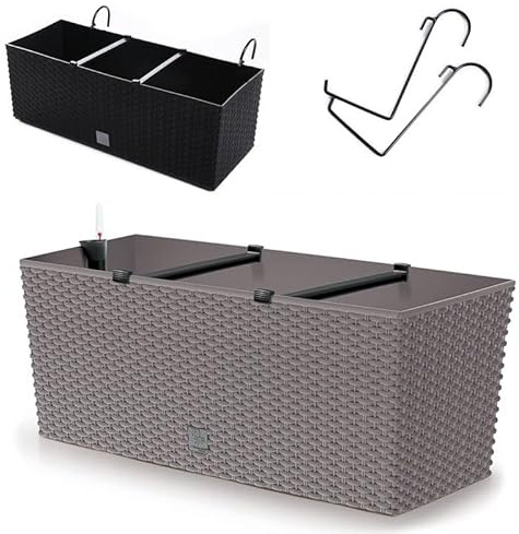 rg-vertrieb Blumenkasten Blumentopf Balkonkasten Geländerkasten Geländertopf 51cm Polyrattan Rattan-Optik Bewässerung mit Halterungen Aufhängung (Beige)