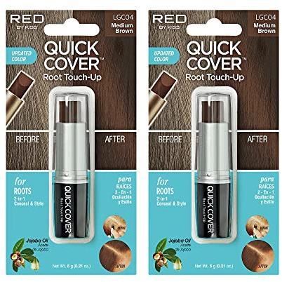 RED by Kiss Quick Cover Root Touch Up Stick, Water-Resistant Temporary Gray Hair Concealer with Brush for Roots and Beard, Long-Lasting Coverage, Easy Application (2 Pack, Medium Brown)