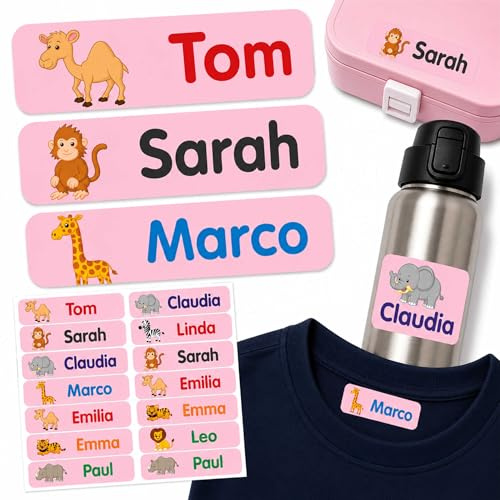 Indigos UG - Namensaufkleber Kinder Schule - 35–105 Sticker 35x10mm - Afrika rosa - Kindergarten - mit Wunschtext personalisierbar - wasserfeste Wäscheetiketten selbstklebend
