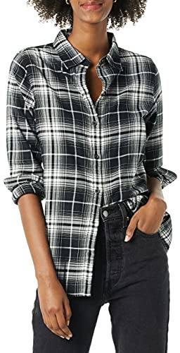 Amazon Essentials Women's Regular-Fit Long-Sleeve Lightweight Plaid Flannel Shirt, Black White Large Plaid, M