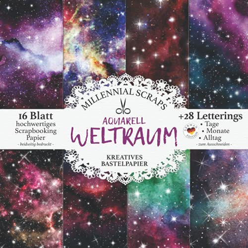 Aquarell Weltraum Kreatives Bastelpapier: Scrapbooking Papier & Zubehör I Zum Ausschneiden I Mit Letterings I Junk Journal Dekor I Geschenk für Bastelfreunde I Karten Basteln DIY